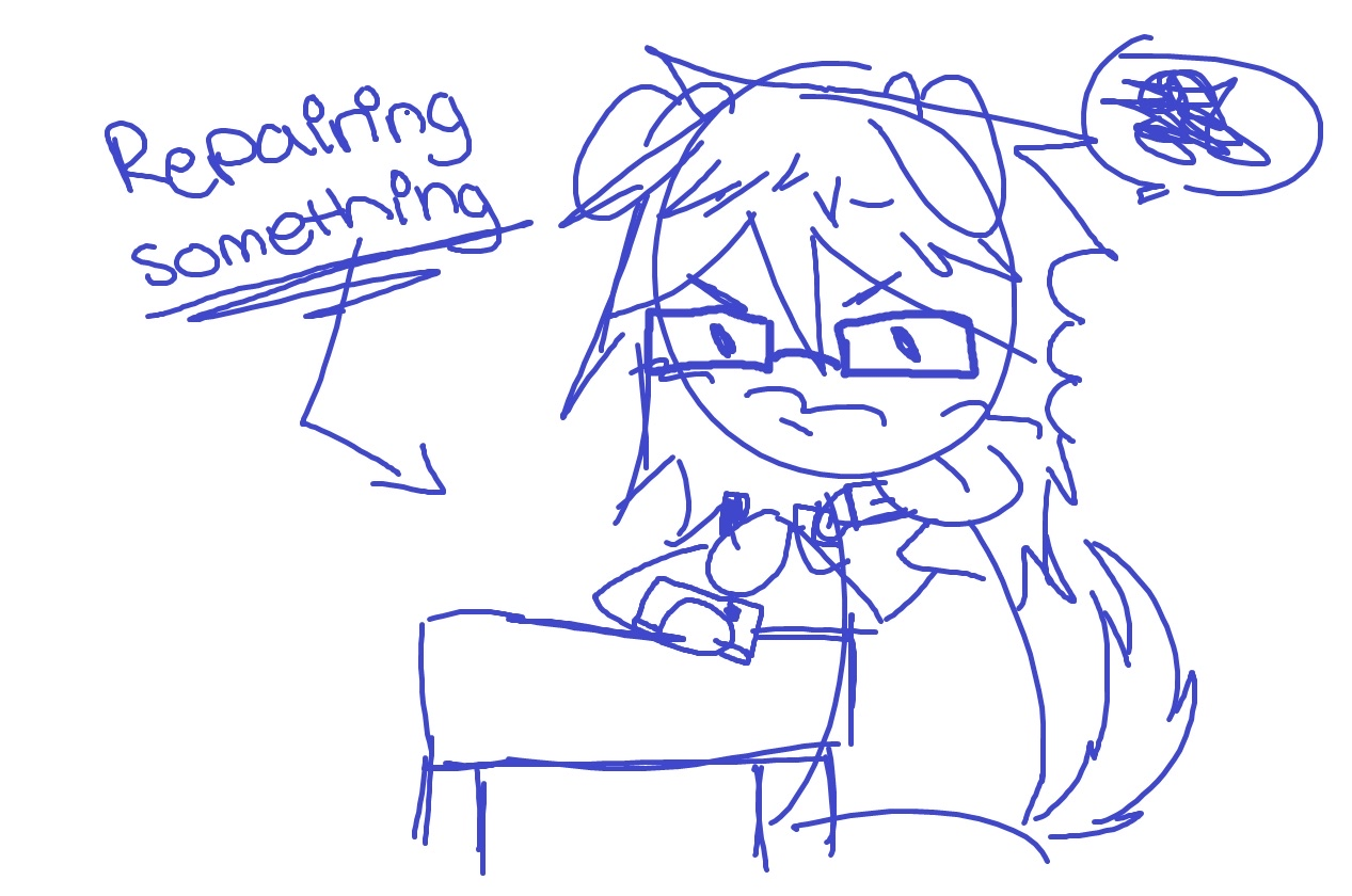 A sketch of a blue dog-human creature fixing a box