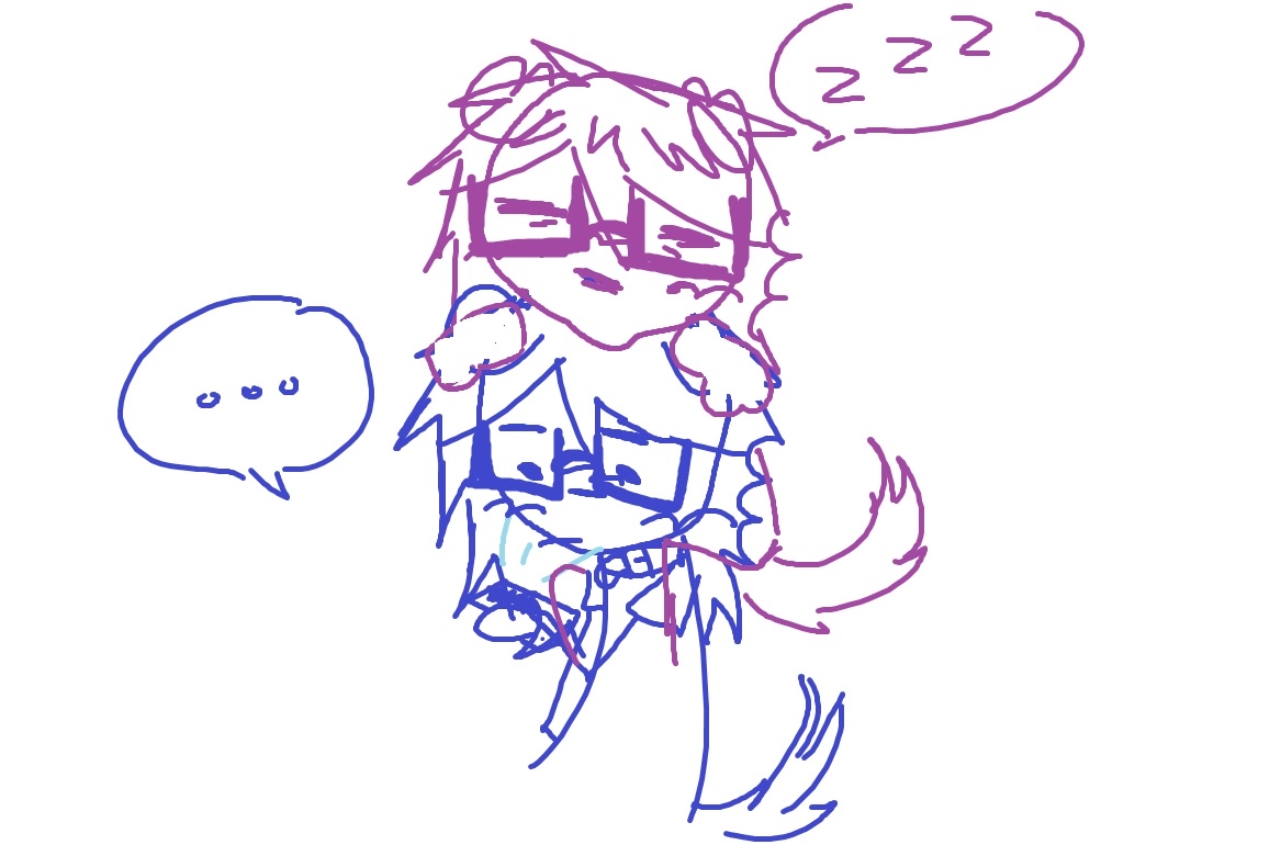 A sketch of a blue dog-human creature looking at their phone, with similar dog-human creature sleeping on the first creature's head