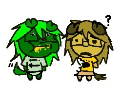 A digital drawing of a green dog-human creature biting another dog-human creature that is yellow and confused